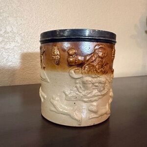 Vintage German Style Stoneware Hunting Tankard Mug Pewter Rim Relief Scene